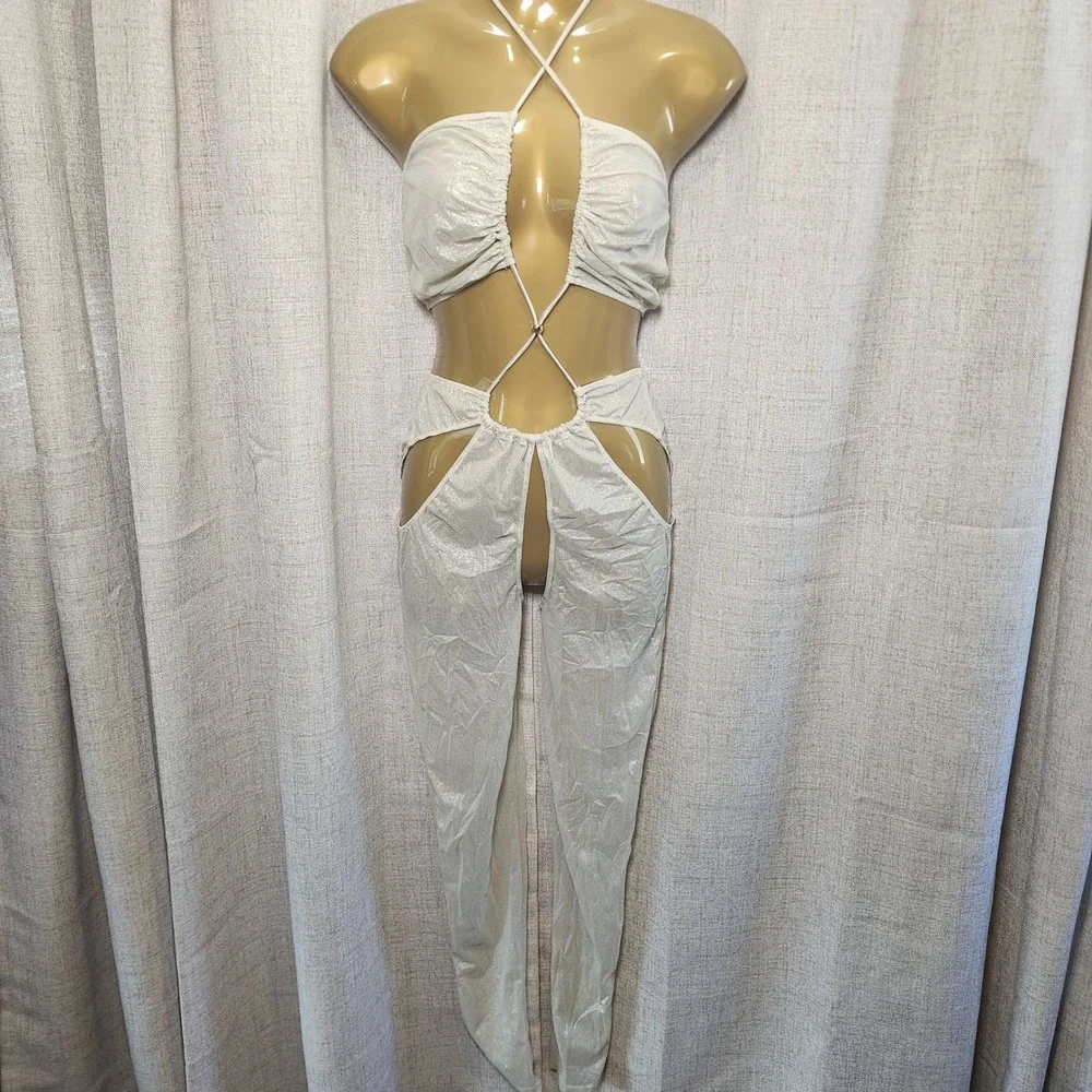 Savage X Fenty Small Gathered Mesh Crotchless Catsuit White Shimmer Gold Sheer‎